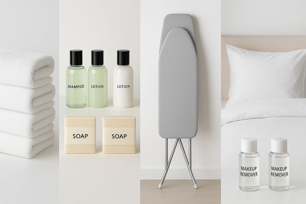 Landscape product collage showing bath towels, shampoo, lotion, soap bars, ironing board, makeup remover, and bed sheets