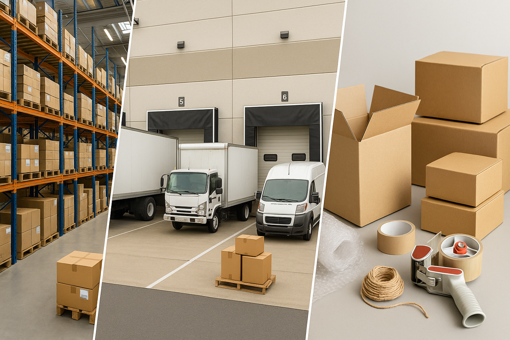 Professional logistics collage showing warehouse, shipping trucks, and packaging operations